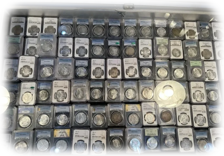 Dealer display case filled with rows of graded silver dollars in plastic holders at a coin show