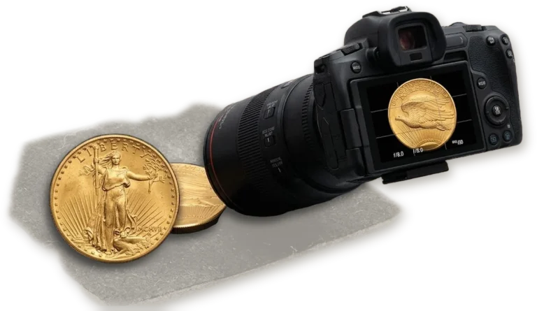 Camera photographing a gold Saint-Gaudens double eagle coin for online coin grading and authentication