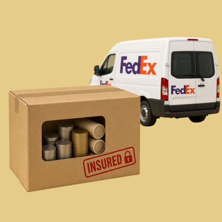 Taped corrugated cardboard shipping carton with a window showing silver and gold coin stacks and coin rolls, red INSURED stamp and padlock, in front of a white FedEx delivery van