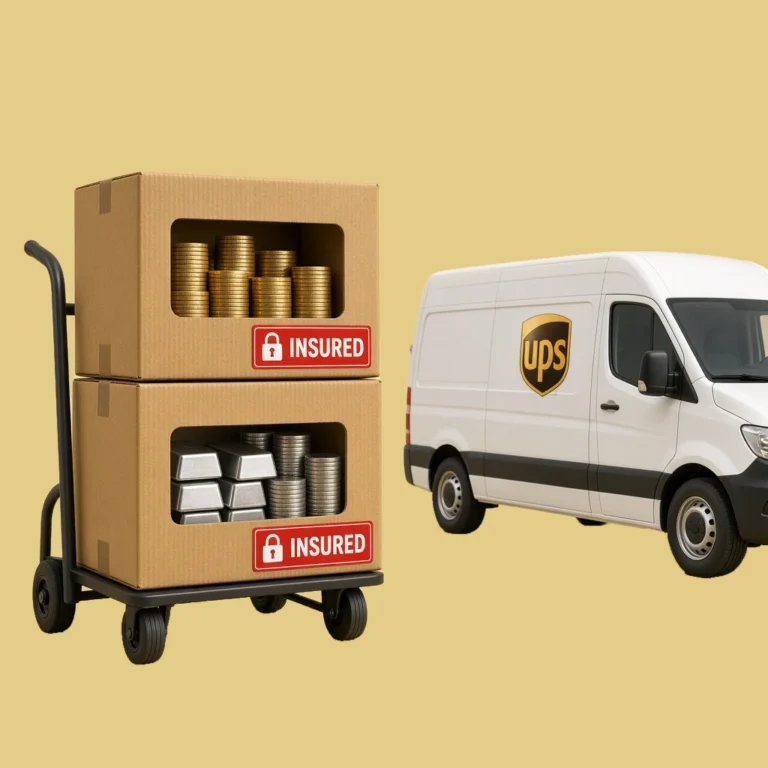 Two insured corrugated cardboard cartons with windows showing gold coin stacks, silver bars and coins on a hand truck beside a white UPS delivery van