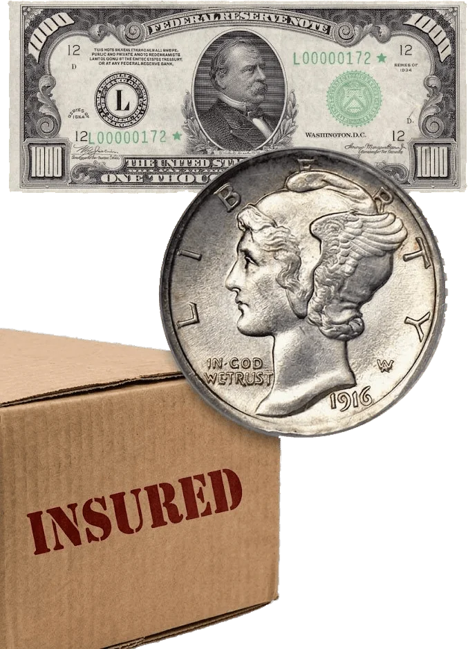 1916 Mercury dime on a $1,000 Federal Reserve Note beside an insured shipping box, how to sell old coins online