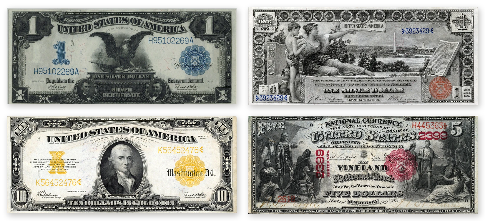 Four large-size U.S. notes shown at the same scale: an 1899 $1 Black Eagle silver certificate, an 1896 $1 Educational silver certificate, a 1922 $10 gold certificate and an 1875 $5 National Bank Note