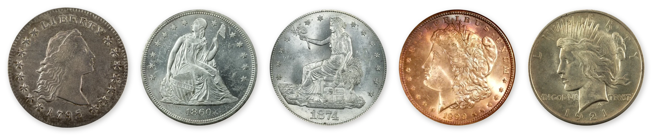 Five U.S. silver dollars shown at true relative size: a 1795 Flowing Hair dollar, an 1860-O Seated Liberty dollar, an 1874-S Trade dollar, an 1899 Morgan dollar and a 1921 Peace dollar