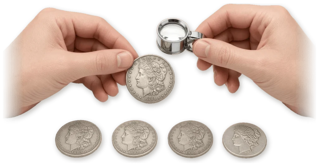 Hands checking an old Morgan silver dollar under a jeweler's loupe for date, mint mark and condition, with more Morgan dollars below