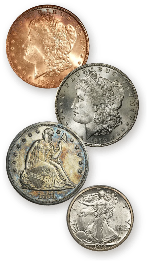 Inherited old coins with original toning: 1899 Morgan dollar, 1879-S Morgan dollar, 1871 proof Seated Liberty dollar and 1916-S Walking Liberty half dollar