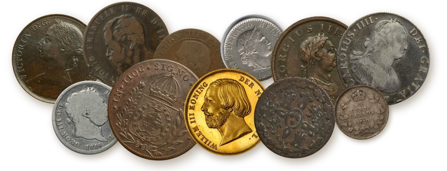 A loose accumulation of British pennies and a George III shilling, French and Italian copper coins, a Swiss coin, a Brazil 40 reis, a Spain 2 maravedis, a Canada 5 cents, a Mexico 4 reales and a Netherlands gold coin