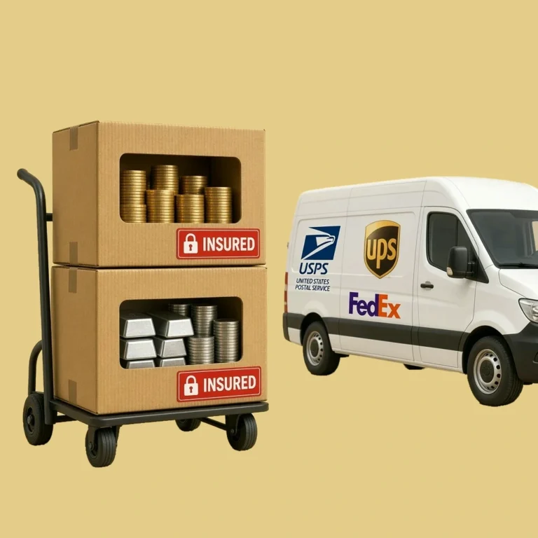 Two insured corrugated cardboard cartons with windows showing gold coin stacks, silver bars and coins on a hand truck beside a white delivery van with USPS, UPS and FedEx logos