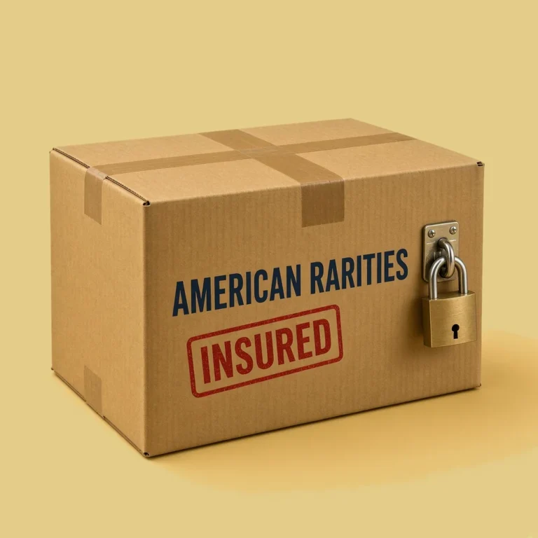 Taped corrugated cardboard shipping box printed AMERICAN RARITIES with a red INSURED stamp and a brass padlock on a hasp