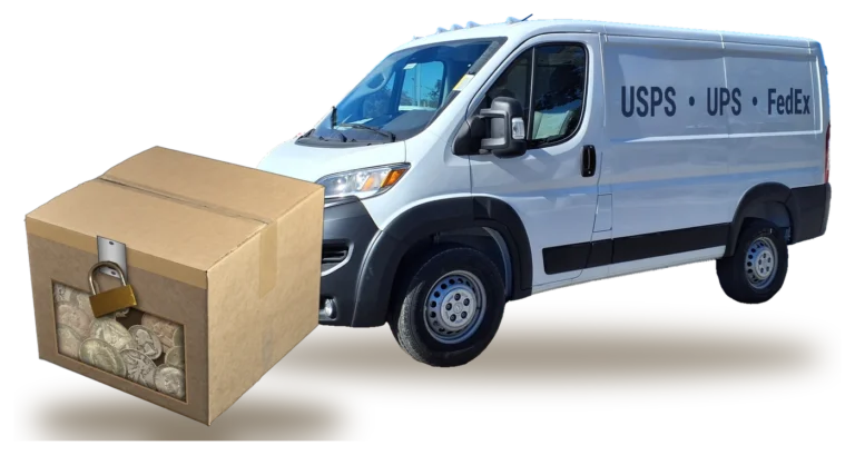 White delivery van lettered USPS, UPS and FedEx beside a taped, sealed cardboard shipping box with a padlock and a clear window showing Morgan, Peace, Walking Liberty, Franklin and Kennedy silver coins inside