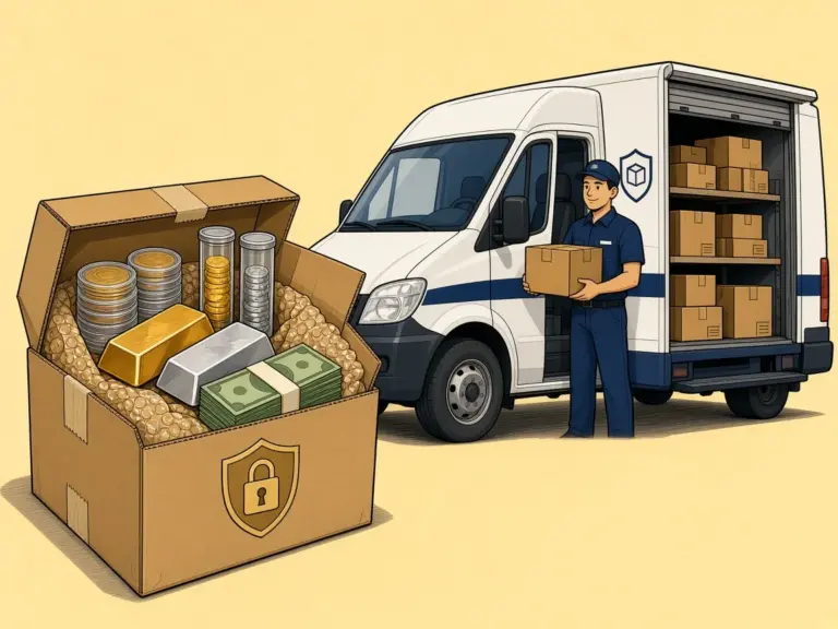 Insured Mail-In Coin and Bullion Shipping Illustration Illustration of a padded shipping box packed with coins, coin tubes, gold and silver bars and banded currency beside a parcel delivery van and driver, shipped insured via USPS, FedEx or UPS