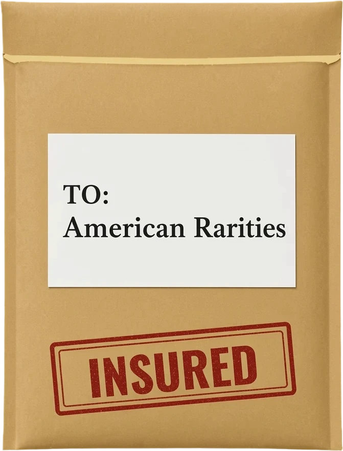 Kraft padded mailer with a white address label reading TO: American Rarities and a red INSURED stamp, cut out on a transparent background