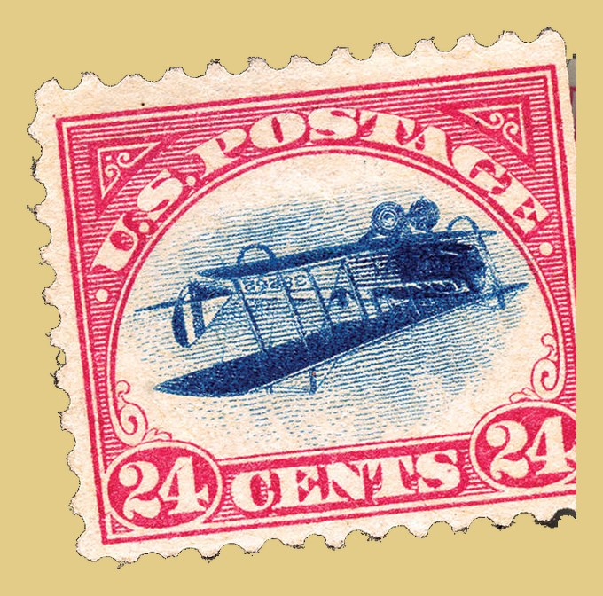 United States 24-cent Inverted Jenny airmail stamp with the biplane printed upside down