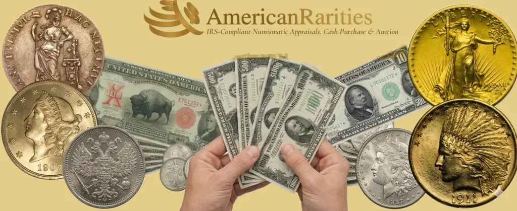 American Rarities logo with rare coins and paper money: IRS-compliant numismatic appraisals for CPAs