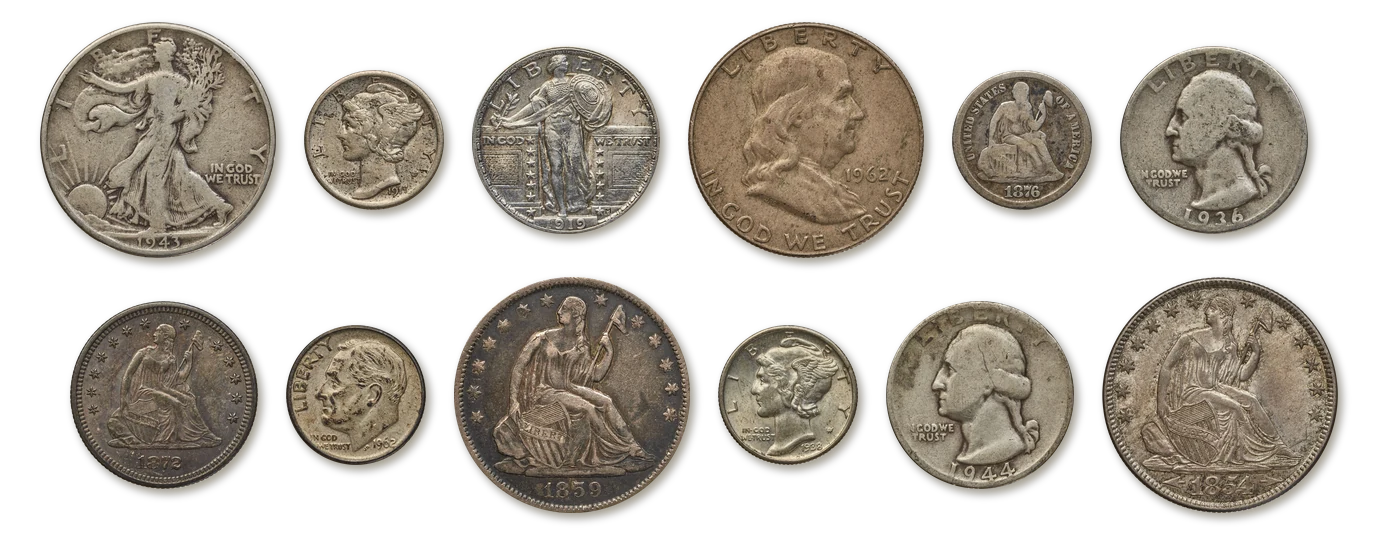Junk silver coins: 1943 Walking Liberty, 1962 Franklin, 1859 and 1854 Seated Liberty half dollars, 1919 Standing Liberty, 1936 and 1944-S Washington and 1872 Seated quarters, Mercury, Roosevelt and 1876 Seated dimes