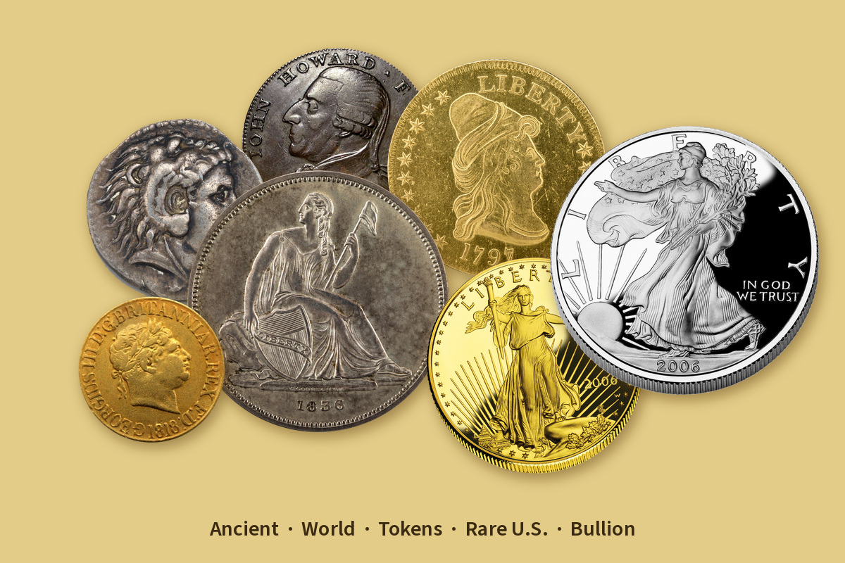 Coins from one large collection shown at true relative size: an ancient Greek tetradrachm, a British gold sovereign, an 18th-century token, an 1836 Gobrecht silver dollar, a 1797 gold eagle, and American Gold and Silver Eagle bullion coins