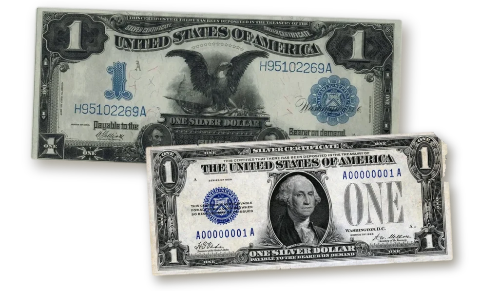 Large size vs small size U.S. paper money: 1899 $1 Black Eagle Silver Certificate above a smaller 1928 $1 Silver Certificate with serial number A00000001A