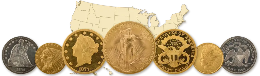 Map of the United States behind a row of classic U.S. gold and silver coins including a Saint-Gaudens double eagle, Liberty Head double eagles and Seated Liberty dollars