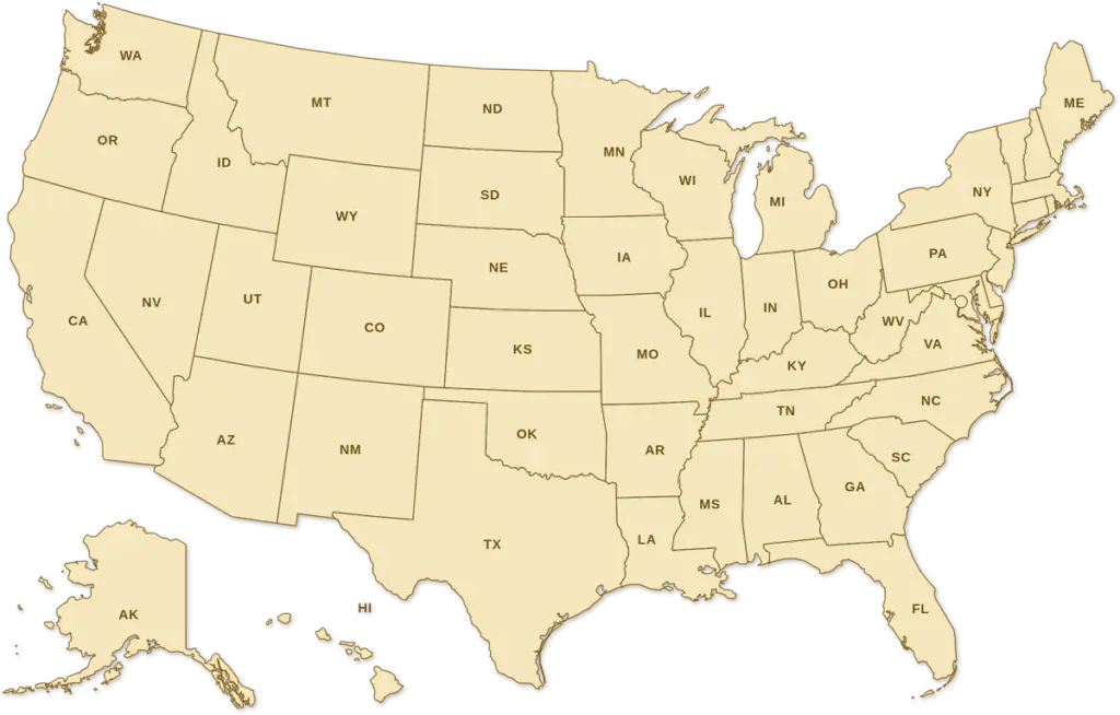 Map of the United States with all 50 states outlined and labeled