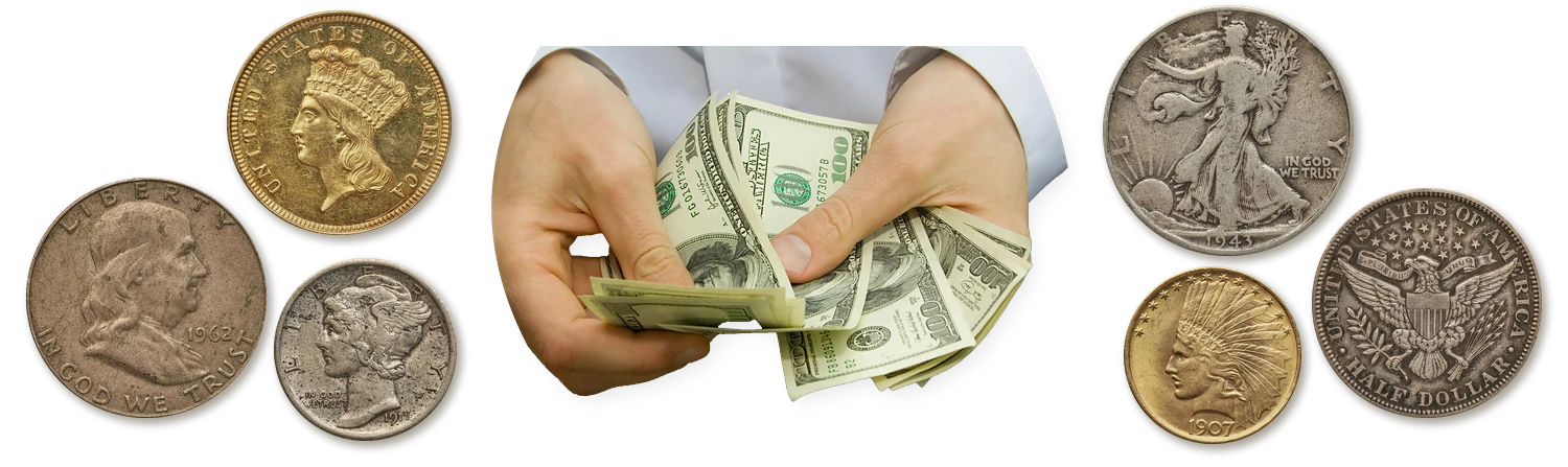 Hands in white shirt sleeves counting cash between a $3 Indian Princess gold piece, a Franklin half dollar, a Mercury dime, a Walking Liberty half dollar, a Barber half dollar and an Indian Head $10 gold eagle