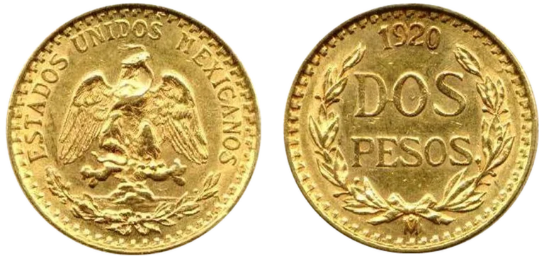 Moneda mexicana de oro de 2 pesos de 1920 con el escudo nacional del águila y la serpiente y el lado de DOS PESOS con corona de laurel