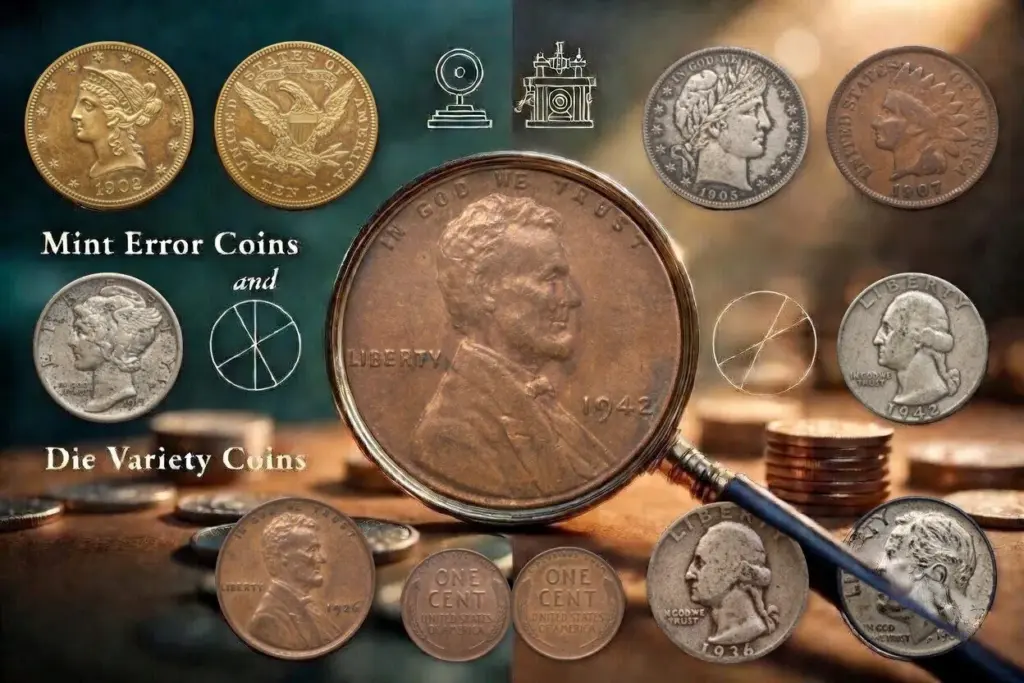 Lincoln wheat cent under a magnifying glass surrounded by real U.S. coins including Liberty Head gold, a Barber half, Indian Head cent, Mercury dime, Washington quarters and Roosevelt dime