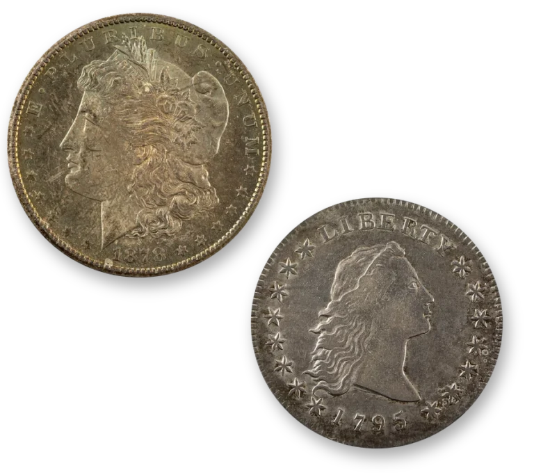 A Morgan silver dollar and a 1795 Flowing Hair silver dollar, two silver dollar series with valuable key dates
