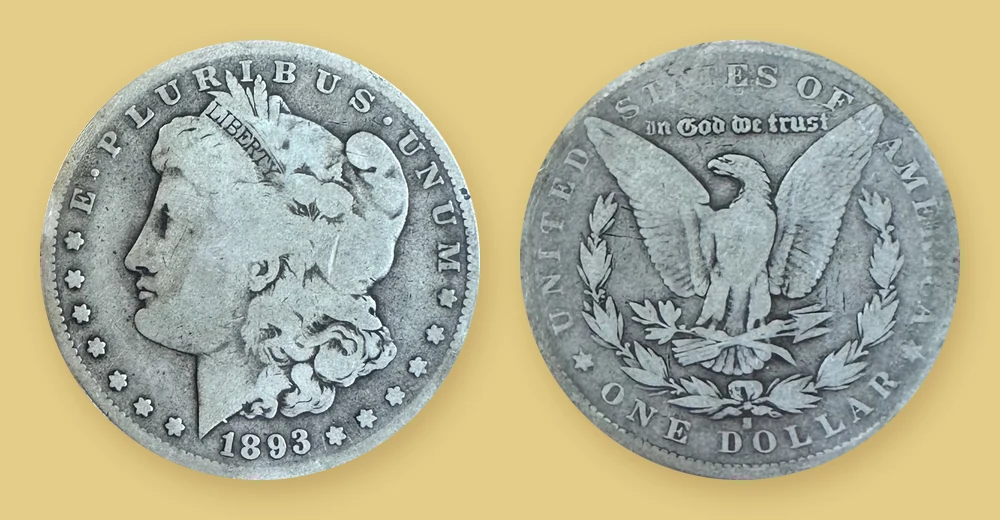 Circulated 1893-S Morgan silver dollar, obverse with Liberty head and reverse with eagle and S mint mark, example of a Morgan dollar American Rarities buys