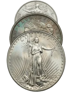 Several gold and silver coins featuring natural and beautiful rainbow toning, a sign of an uncleaned original surface.