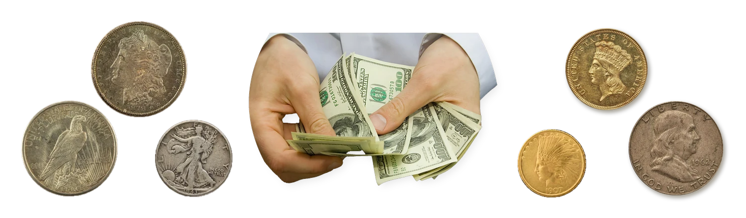 Hands in white shirt sleeves counting cash between a Morgan dollar, Peace dollar, Walking Liberty half dollar, $3 Indian Princess gold piece, Indian Head gold eagle and Franklin half dollar