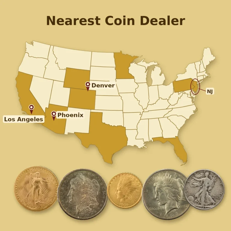 Nearest Coin Dealer title over a U.S. map highlighting California, Colorado, Arizona, Texas, Florida, Pennsylvania, New Jersey, Minnesota and Wyoming with Los Angeles, Phoenix and Denver pins and a row of gold and silver coins