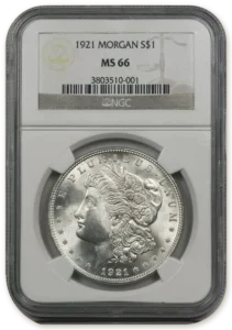 1921 Morgan silver dollar graded MS 66 in an NGC holder