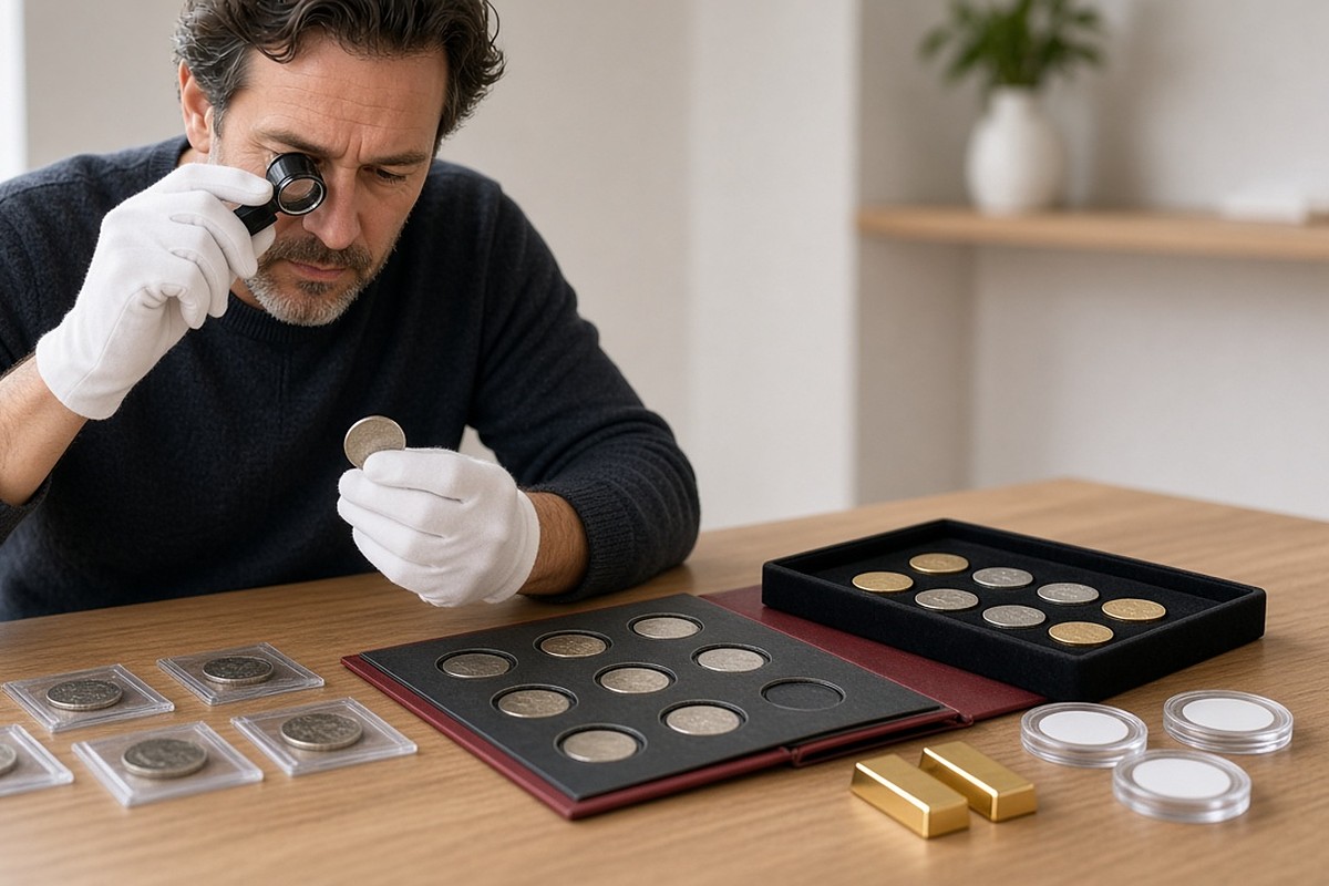 Numismatic specialist with a loupe and cotton gloves examining coins from a large collection laid out in an album, a tray and coin holders on a desk