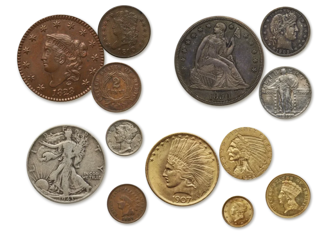 Old coins worth selling: 1828 large cent, 1810 half cent and 1864 two-cent piece; 1850 Seated Liberty dollar, 1905 Barber quarter, 1919 Standing Liberty quarter, Walking Liberty half and Mercury dime; Indian Head $10, $5, $3 and gold dollar