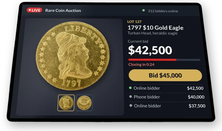 Tablet showing a live online coin auction for a 1797 Turban Head $10 gold eagle, with the current bid, a closing countdown, a bid button and recent bids