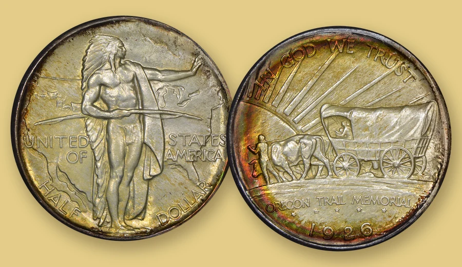 Both sides of an Oregon Trail Memorial commemorative half dollar with a Native American figure and a covered wagon