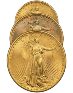 A set of U.S. gold coins scaled by size, all featuring original, uncleaned surfaces.