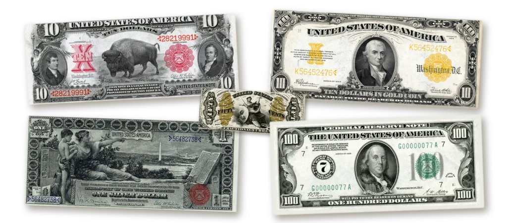 Paper money collector types of U.S. currency: 1901 $10 Bison Legal Tender note, 1922 $10 Gold Certificate, 1896 $1 Educational Silver Certificate, 1928 $100 Federal Reserve Note and 50-cent fractional note