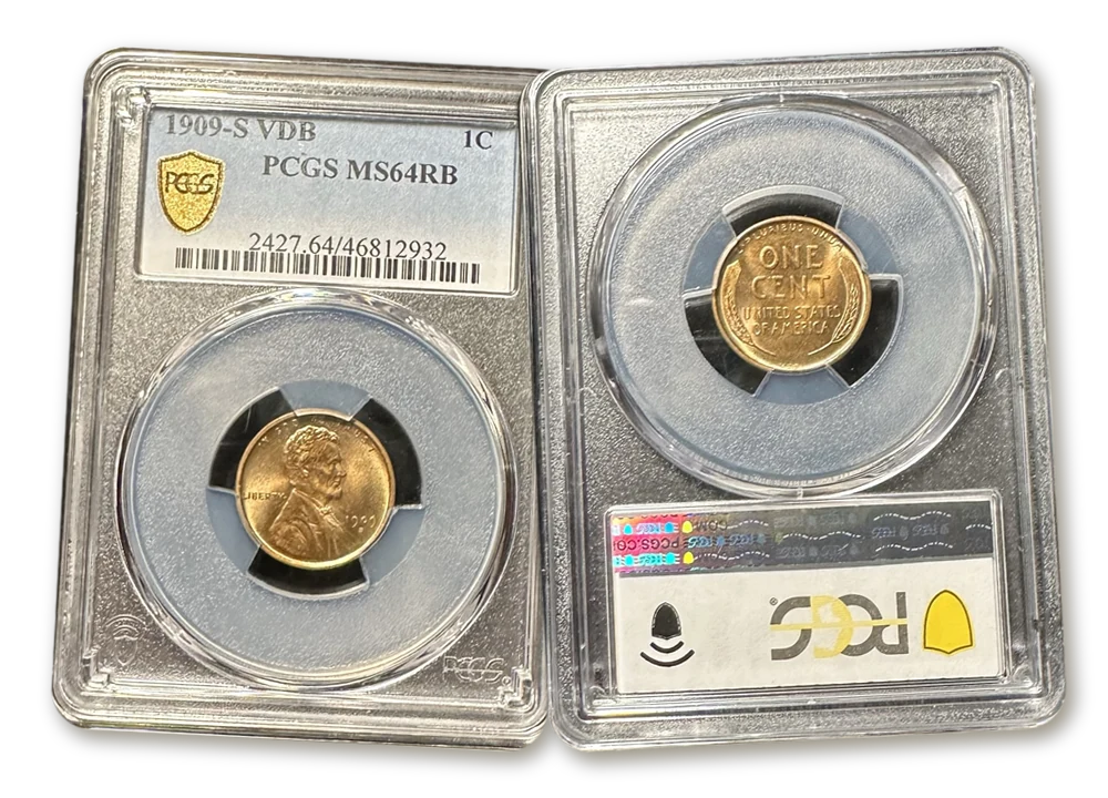 Front of a PCGS holder with a 1909-S VDB Lincoln cent MS64RB label and cert number, next to the back of the same holder with the PCGS hologram
