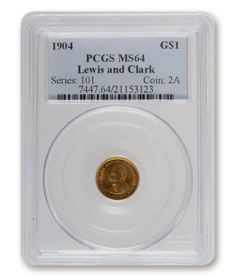 1904 Lewis and Clark commemorative gold dollar graded PCGS MS64 in a PCGS holder, an example of a grade on the 1 to 70 scale