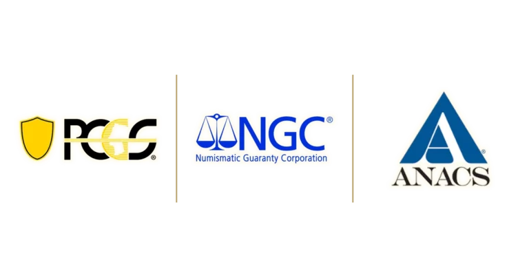 Logos of the three major coin grading services: PCGS, NGC (Numismatic Guaranty Company) and ANACS