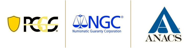 Logos of the three major coin grading services: PCGS, NGC (Numismatic Guaranty Company) and ANACS