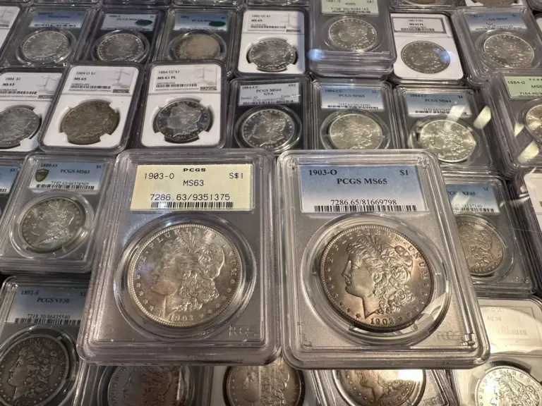 Morgan silver dollars in sealed third-party grading holders laid out on a dealer table