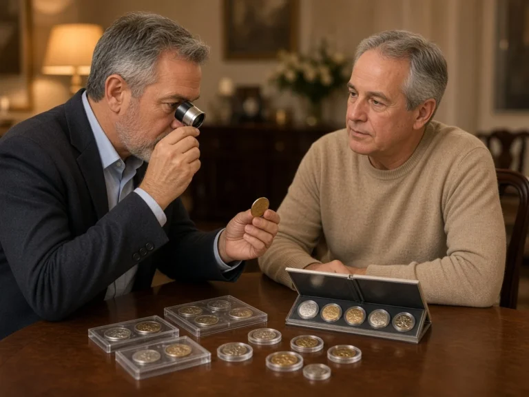 American Rarities coin appraiser examining a gold coin with a loupe during a personal visit at a seller's dining room table with proof sets and coin capsules