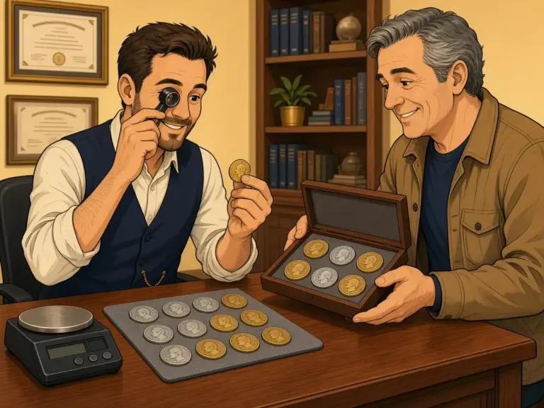 Personal Visit Coin Appraisal Illustration Illustration of a friendly coin buyer examining a gold coin with a loupe while a customer presents a box of old coins at his desk