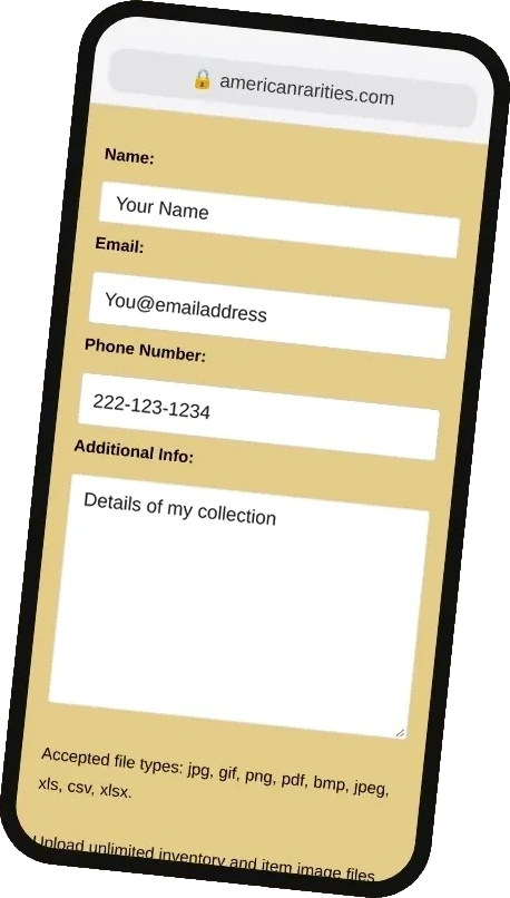 Tilted phone showing the americanrarities.com address bar and the photo upload form filled in with sample name, contact and collection details, cut out on a transparent background