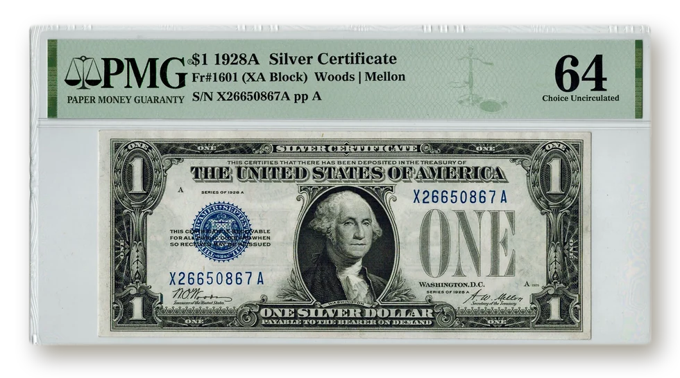 PMG certified paper money: 1928A $1 Silver Certificate Funnyback, Fr. 1601, graded PMG 64 Choice Uncirculated in a PMG holder