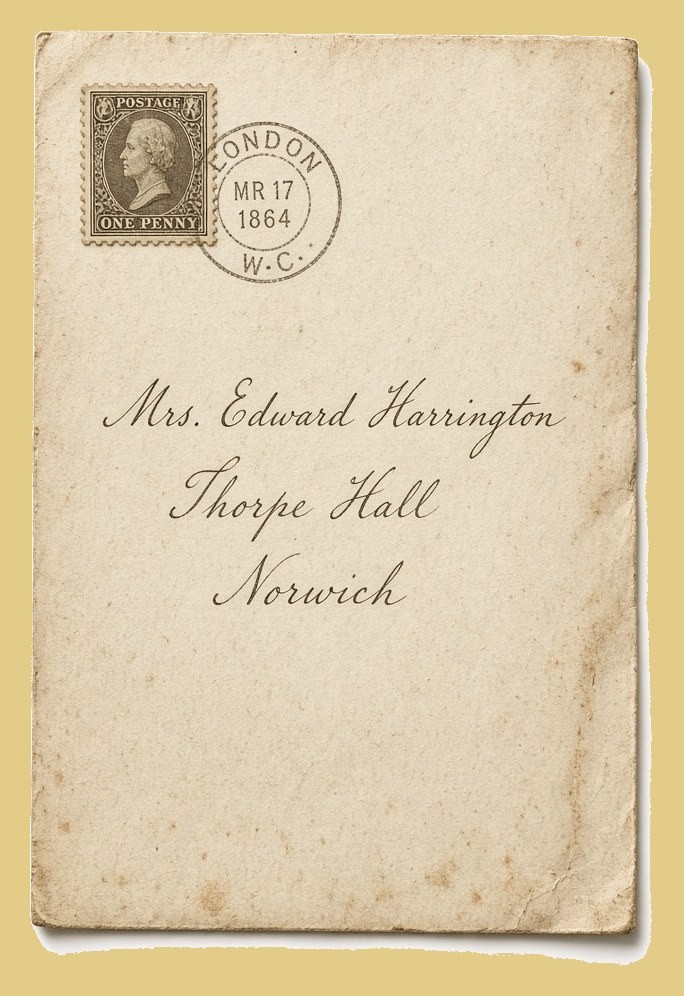 Aged nineteenth-century envelope with a One Penny stamp and a London 1864 circular postmark, addressed in script