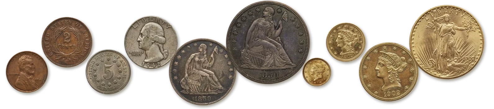 U.S. coins from cents to gold at true relative size: Lincoln wheat cent, two-cent piece, Shield nickel, Washington quarter, Seated Liberty half dollar and dollar, and Liberty Head and Saint-Gaudens gold