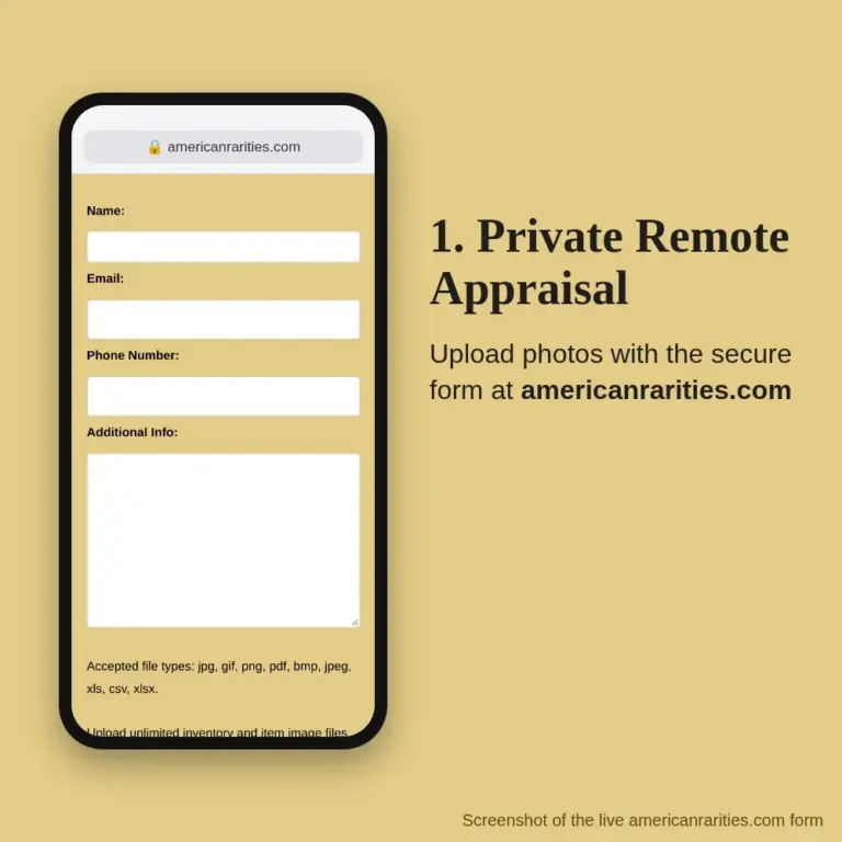 Phone showing the secure American Rarities photo upload form, labeled 1. Private Remote Appraisal