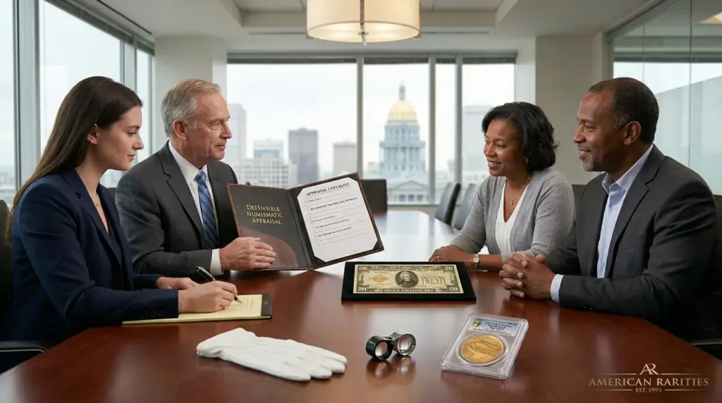 Estate attorneys and executors at a conference table reviewing a Defensible Numismatic Appraisal folder beside a framed $20 note and a certified gold coin